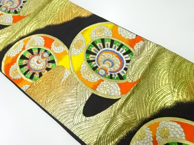 JAPANESE KIMONO / VINTAGE FUKURO OBI / WOVEN FLOWER & WHEEL ON WAVES